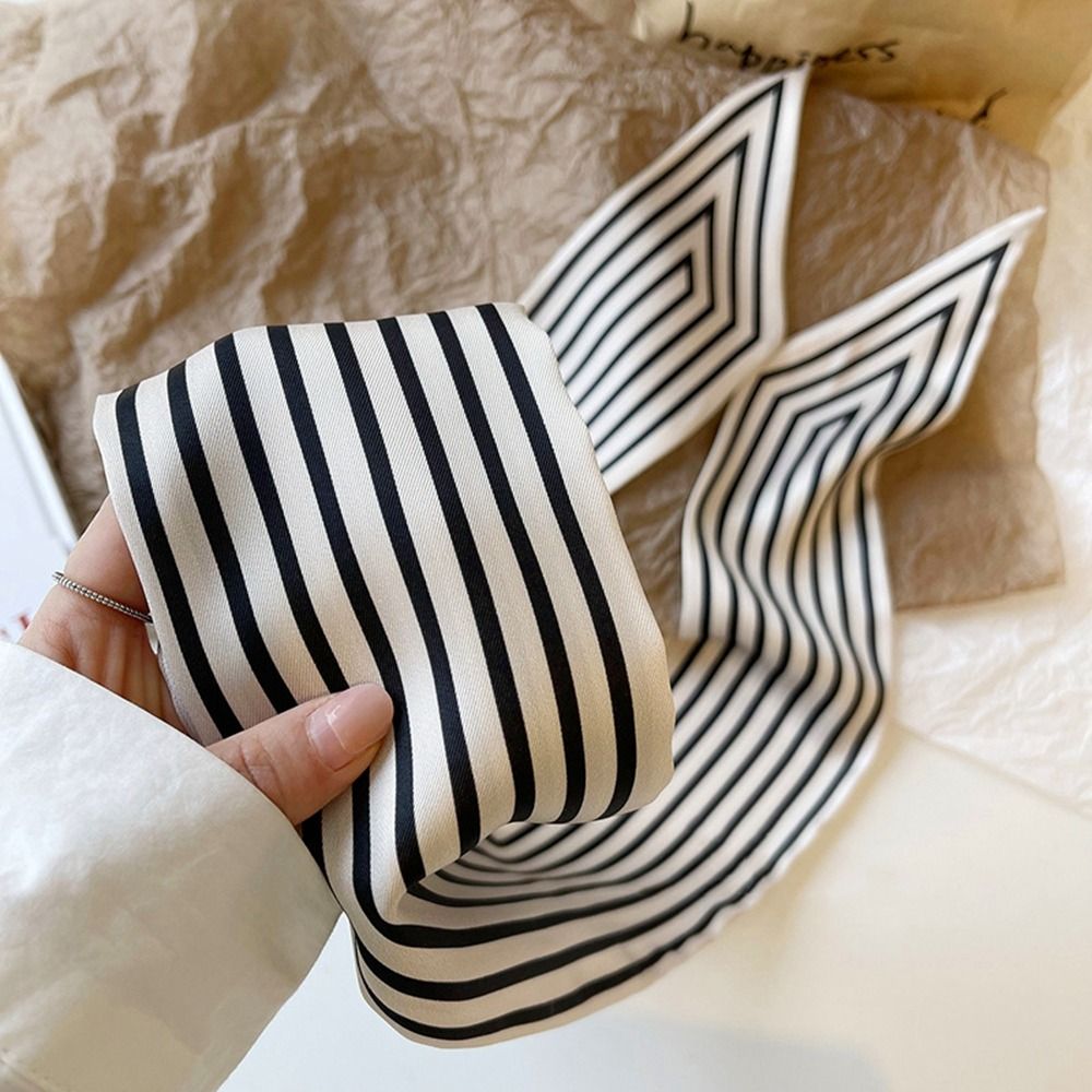 Silk Tie Striped - エレガントなストライプフレンチネクタイ女性ショールプリントラッププリントスカーフシルクスカーフ韓国スタイルスカーフ小さなロングスカーフ