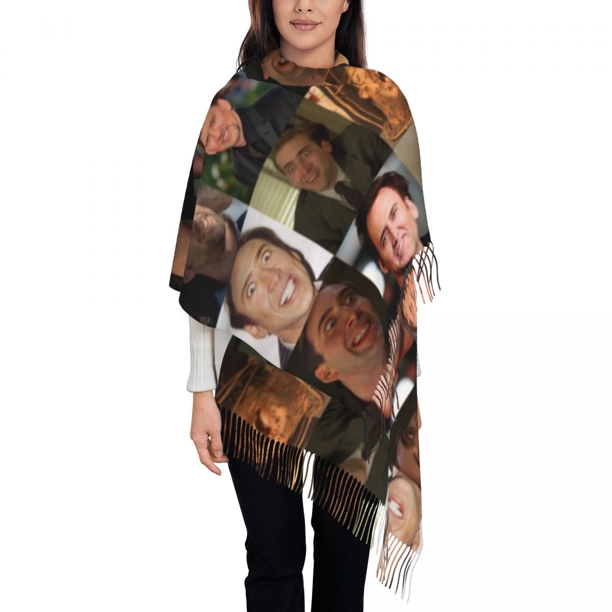 Pashmina Wrap Large - ニコラス・ケイジ面白い顔ミームショールラップ女性冬暖かい大きなソフトスカーフニコラス・ケイジプリントパシュミナショールスカーフ