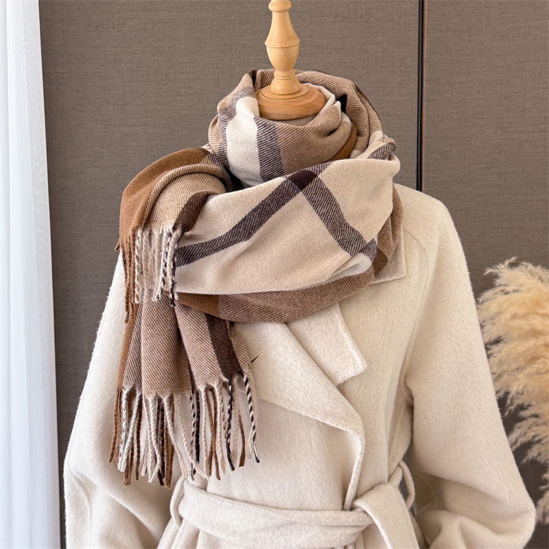 Pashmina Wrap Large - 女性用スコットランド風チェック柄イミテーションカシミヤショール 190*68CM、タッセル付き暖かいパシュミナブランケットラップ、エレガントな秋冬用大型スカーフ