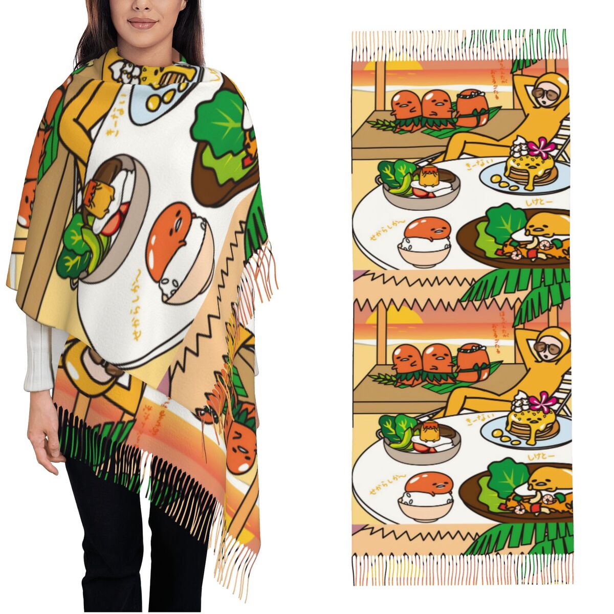 Pashmina Wrap Large - タッセル付きレディーススカーフ グデタマ かわいい卵漫画 大きな冬用暖かいショールラップ ギフト パシュミナスカーフ