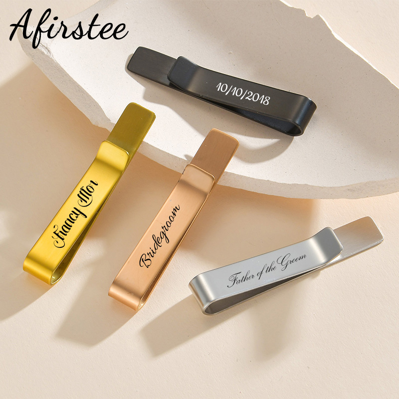 Tie Bar Set Gift - Afirstee ステンレス鋼彫刻名ネクタイクリップ男性用カスタムロゴ日付男性スーツネクタイバーピンジュエリーウェディングギフト