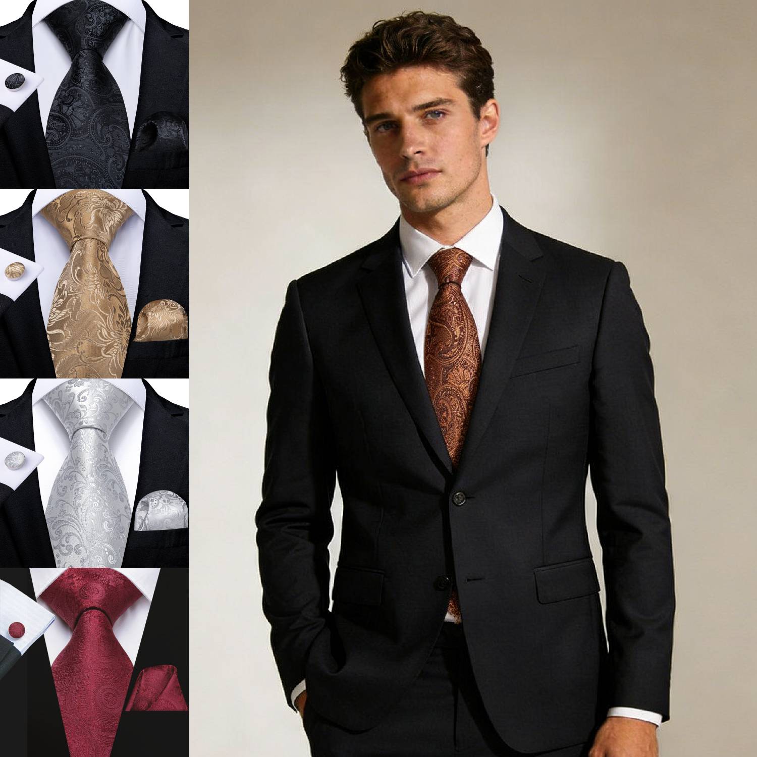 Silk Tie Striped - メンズネクタイセット、カフスボタンとポケットチーフ付き3ピースウェディングアクセサリー、ストライプ/花柄デザイン