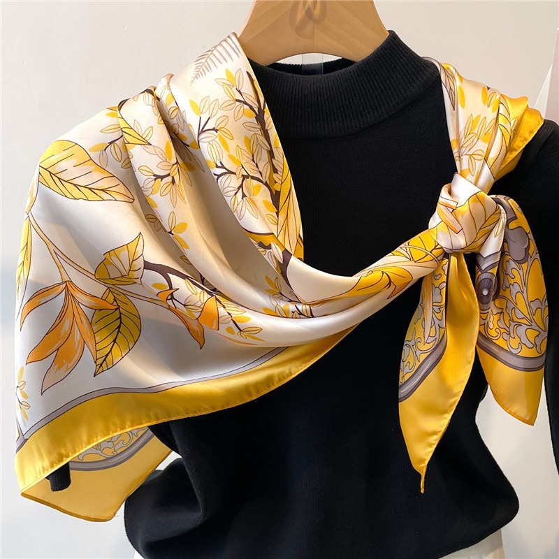 Face Scarf Mask - 1 個 70 センチメートル落ち葉秋黄色シルクスカーフ女性用模擬シルクエレガントで新鮮で多用途な帽子と衣類