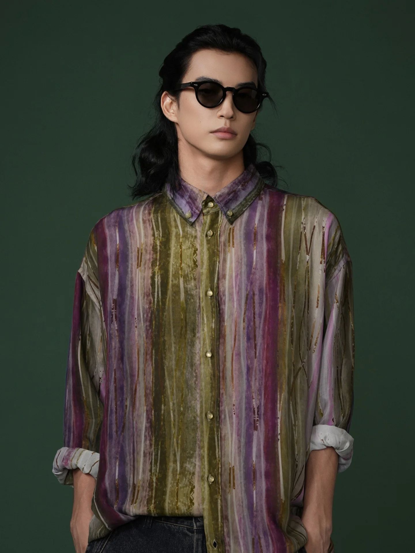 Silk Tie Striped - レトロな絞り染めストライプデザインの銅アミンシルクビスコース混紡シャツ - 男女兼用の長袖シャツ、適しています。