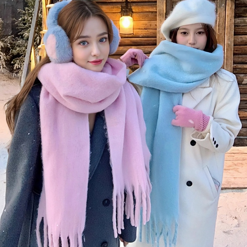 Woven Scarf Blanket - 冬のスカーフ女性のためのカシミヤ暖かいソリッドピンクパシュミナブランケットラップ女性厚いソフト Bufanda ビッグタッセルショールロングエシャルプ