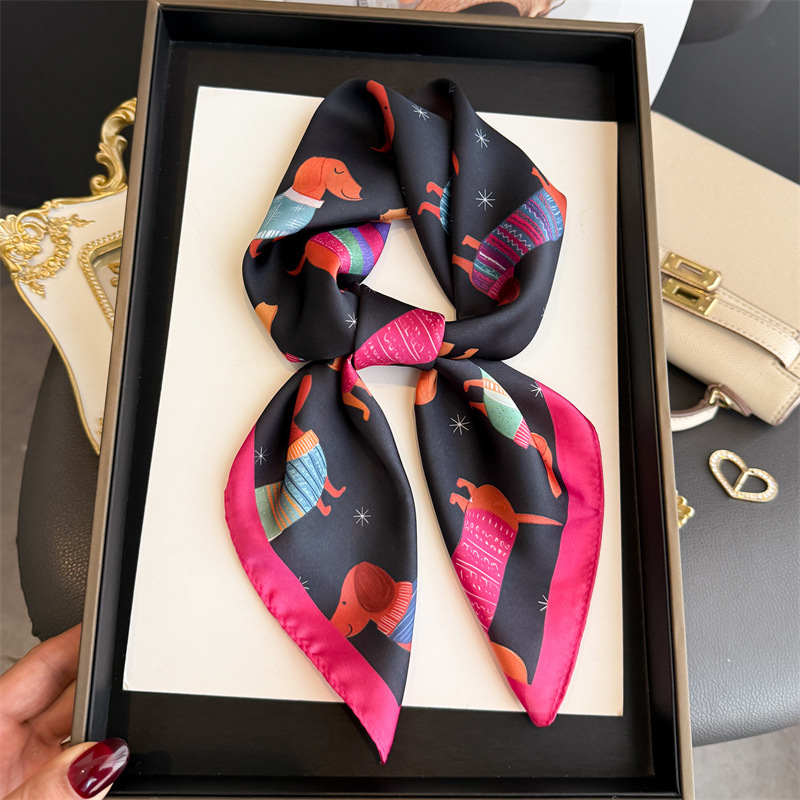 Silk Neck Scarf - ファッションウインナー犬プリントバンダナスカーフ女性エレガントシルクネッカチーフヒジャブヘッドバンドスカーフ女性正方形スカーフ 70 センチメートル