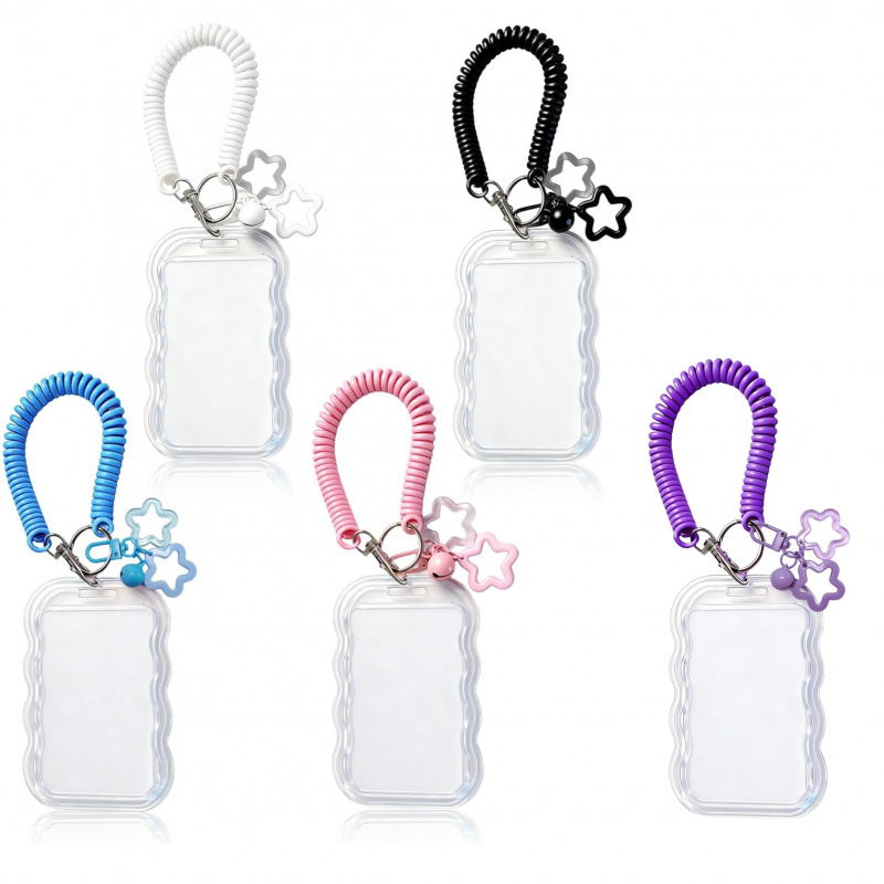 Lanyard Badge Holder - ユニークな波状エッジのIDカードホルダー、伸縮性のある電話コード風ネックストラップ、女の子らしいハートと星のアクセサリー、バスカードや食事券の収納ケース