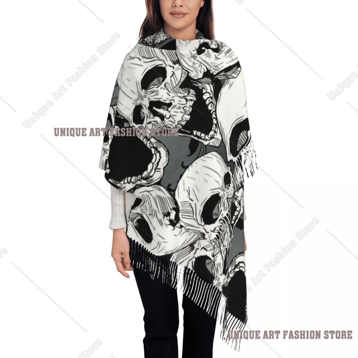 Pashmina Wrap Large - レディースタッセルスカーフデススカルゴシック大型ソフトウォームショールラップハロウィン漫画ギフトパシュミナスカーフ