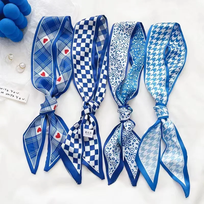 Bandana Cotton - クラインブルーのシルクスカーフ、新しいチェッカーボード柄ヘッドバンド（女性用）、ヴィンテージボヘミアンシルクスカーフ、ネックヘッドデイリートラベルギフト、トレンディ
