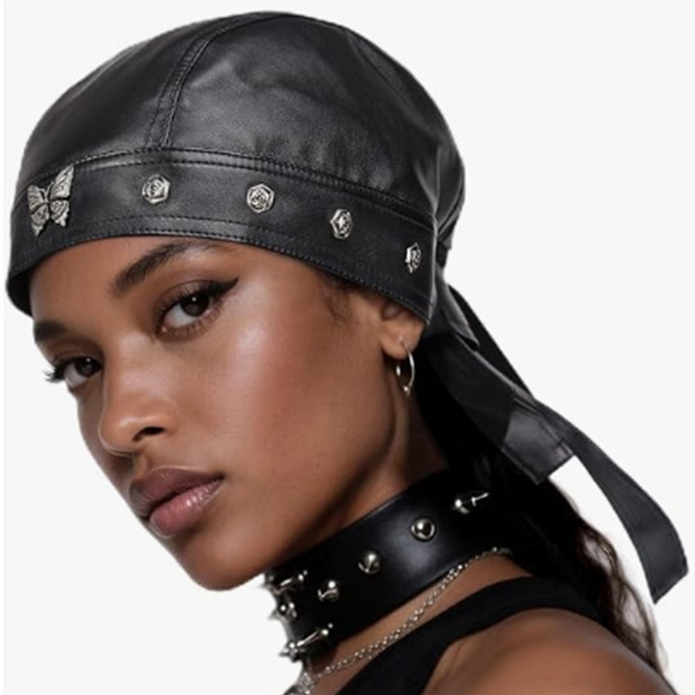 Bandana Doo Rag - 新しいPUレザー製ブラックバイカーキャップ、調節可能な防水バタフライキャップ、クールなドゥーラグバンダナ、バイク用レザーハット（男女兼用）