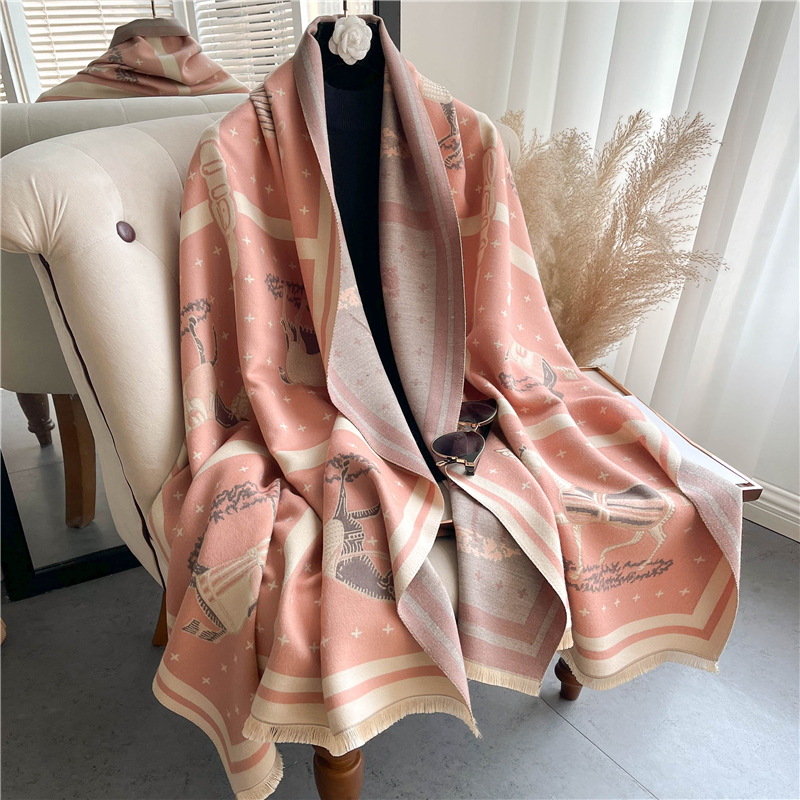 高級馬プリント厚いカシミヤ毛布女性スカーフ暖かいパシュミナシ - Woven Scarf Blanket のレビューと価格