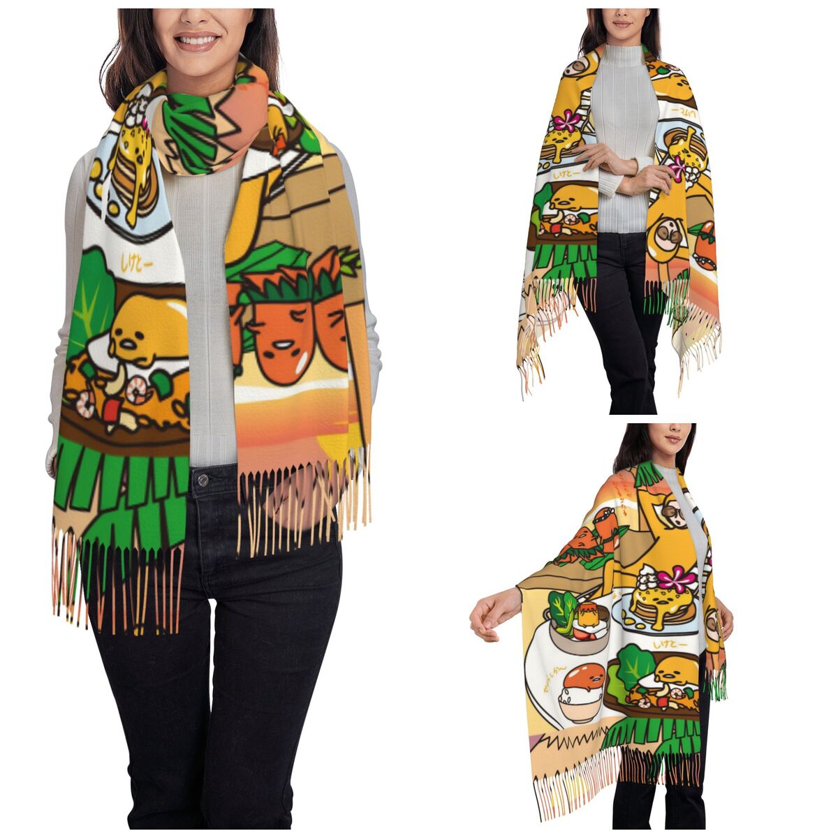 タッセル付きレディーススカーフ グデタマ かわいい卵漫画 大 - Pashmina Wrap Large のレビューと価格