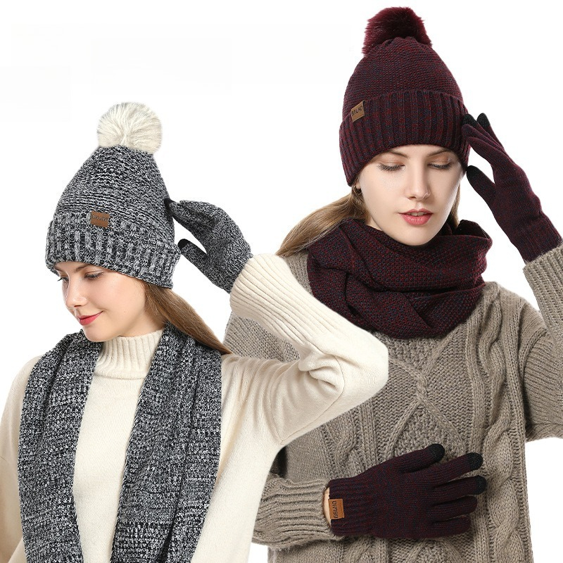 女性用冬用3点フリース裏地付きニットセット、ポンポン付きビー - Infinity Scarf Knit のレビューと価格